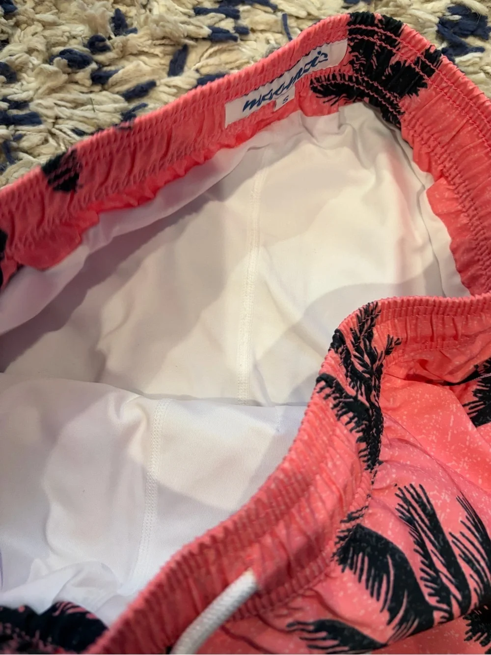Coral Palm-Print Men's Swim Trunks with Drawstring Waist lined size small